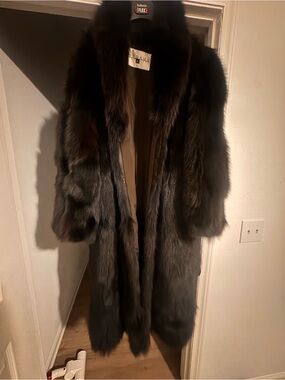 Floor length real black fox fur coat one size fits all